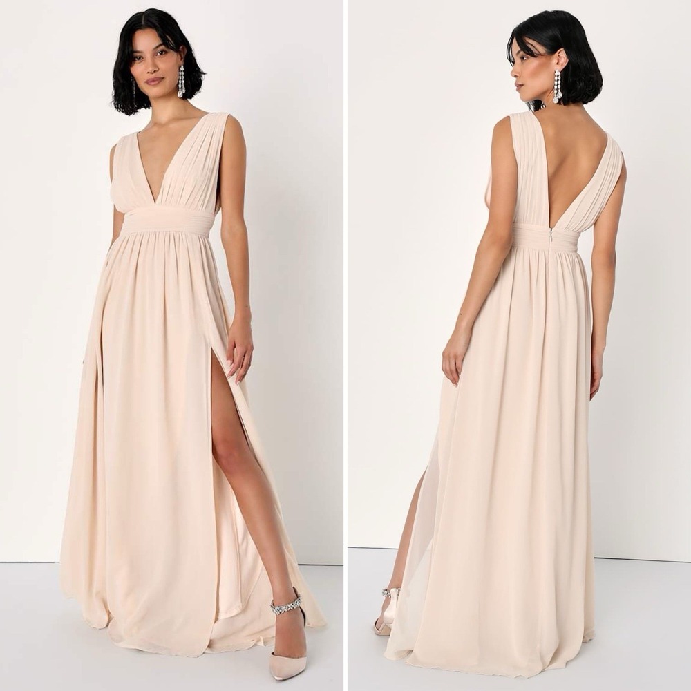 Lulus Heavenly Hues Cream Maxi Chiffon Dress Sz Medium Wedding Bridesmaid Gala